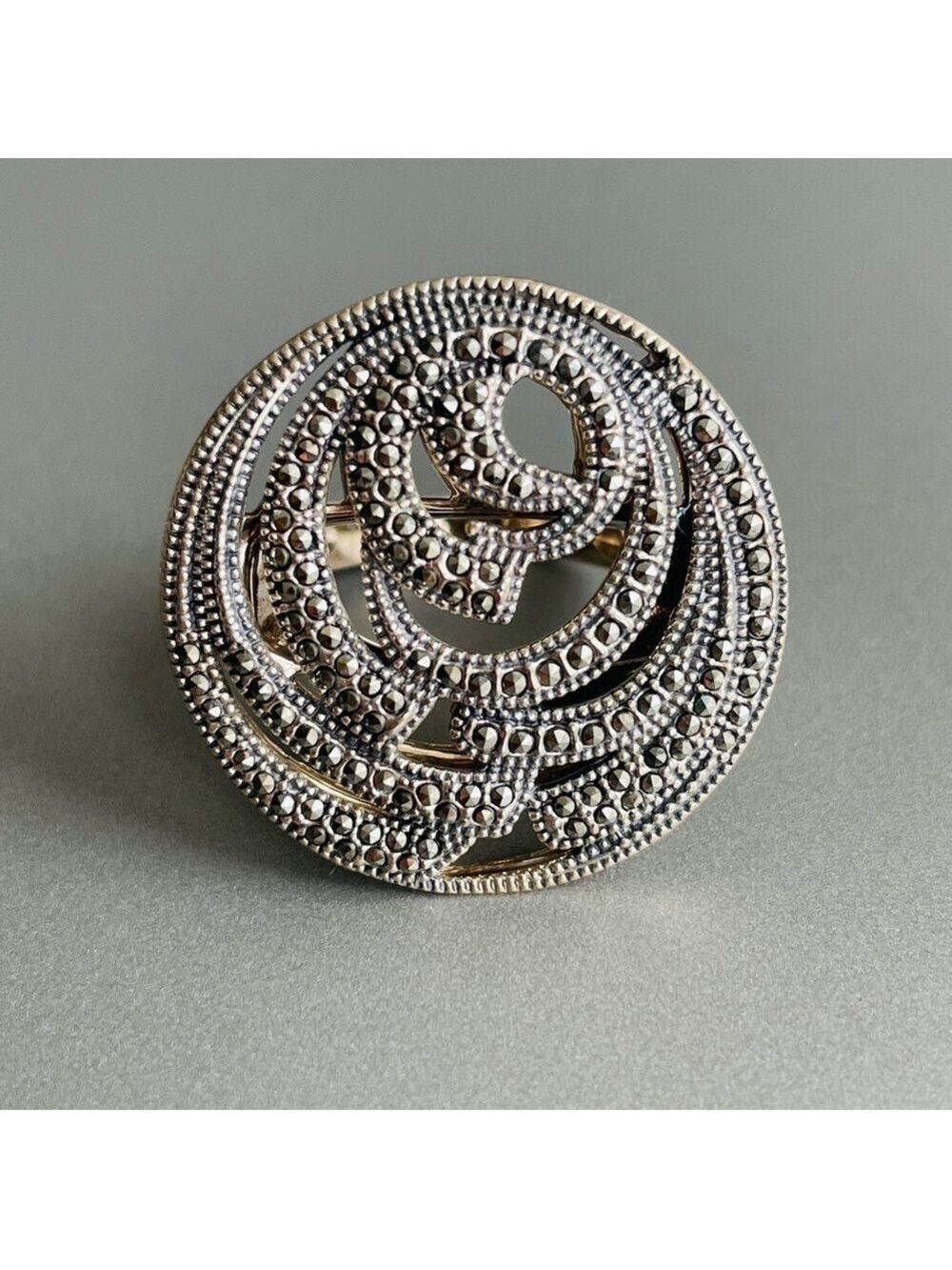 Vintage Judith Jack JJ Sterling Silver Millegrain Round Disc Ring W/ Mar…